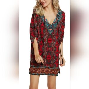 Bohemian Neck Tie Vintage Printed Ethnic Style Shift Dresses Medium NWOT